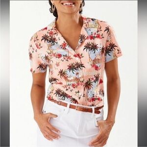 Tommy Bahama Greetings from Florida Silk Camp Hawaiian Shirt Pink Small Womens